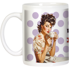 Angled view of a white ceramic coffee mug showcasing a retro pin-up woman design on one side and a partial view of the sassy 'I CAFFEINATE' quote on the other. Highlights the ergonomic handle and vibrant, fade-resistant print.