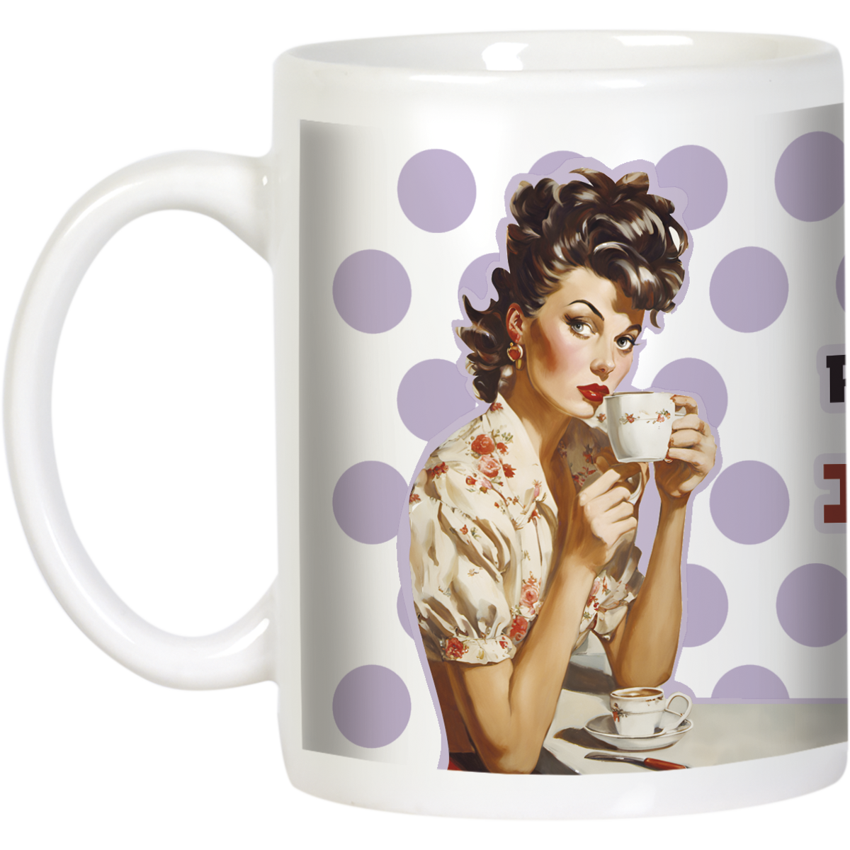 Angled view of a white ceramic coffee mug showcasing a retro pin-up woman design on one side and a partial view of the sassy 'I CAFFEINATE' quote on the other. Highlights the ergonomic handle and vibrant, fade-resistant print.