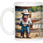 Close-up of a white mug displaying a cool cowboy bull character in sunglasses and Western attire, part of the "NO BULLS#!T BEFORE MY COFFEE!" design. Great for coffee lovers.