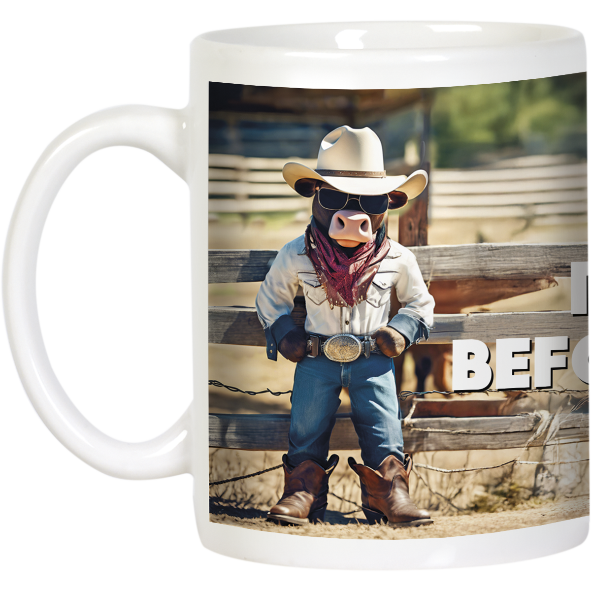 Close-up of a white mug displaying a cool cowboy bull character in sunglasses and Western attire, part of the "NO BULLS#!T BEFORE MY COFFEE!" design. Great for coffee lovers.