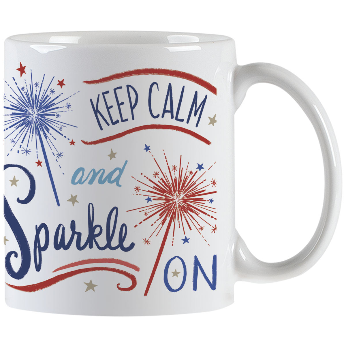 White ceramic mug with 'Keep Calm and Sparkle ON' typography and red and blue sparkler illustrations, showing the handle.