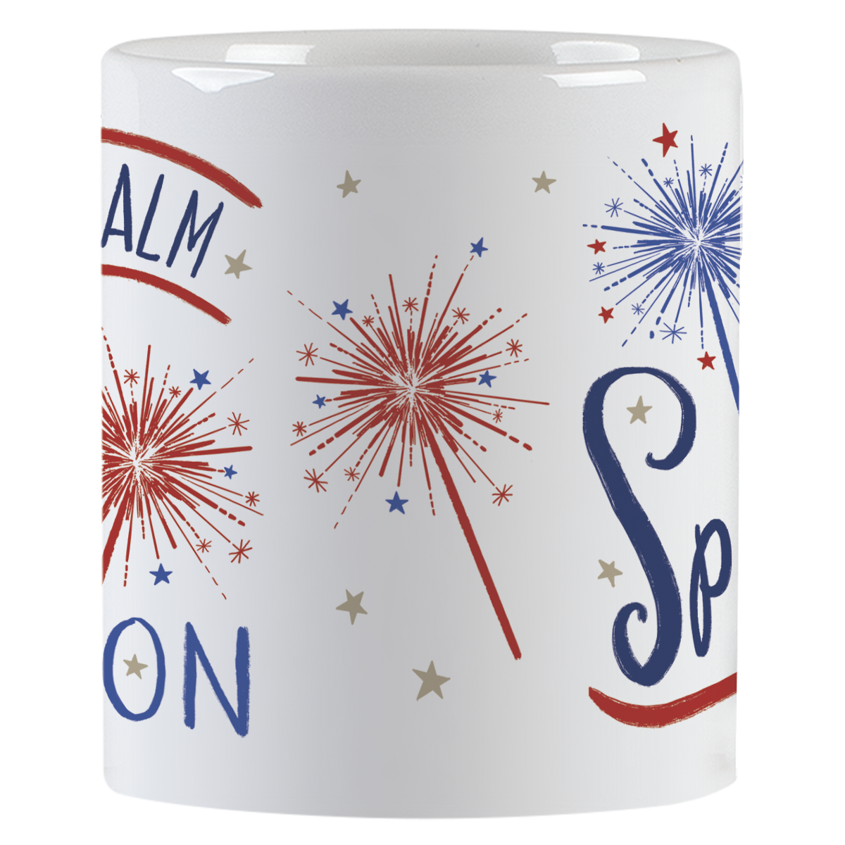 Close-up view of a white ceramic mug, showing red and blue sparkler graphics and parts of the 'Keep Calm and Sparkle ON' text.