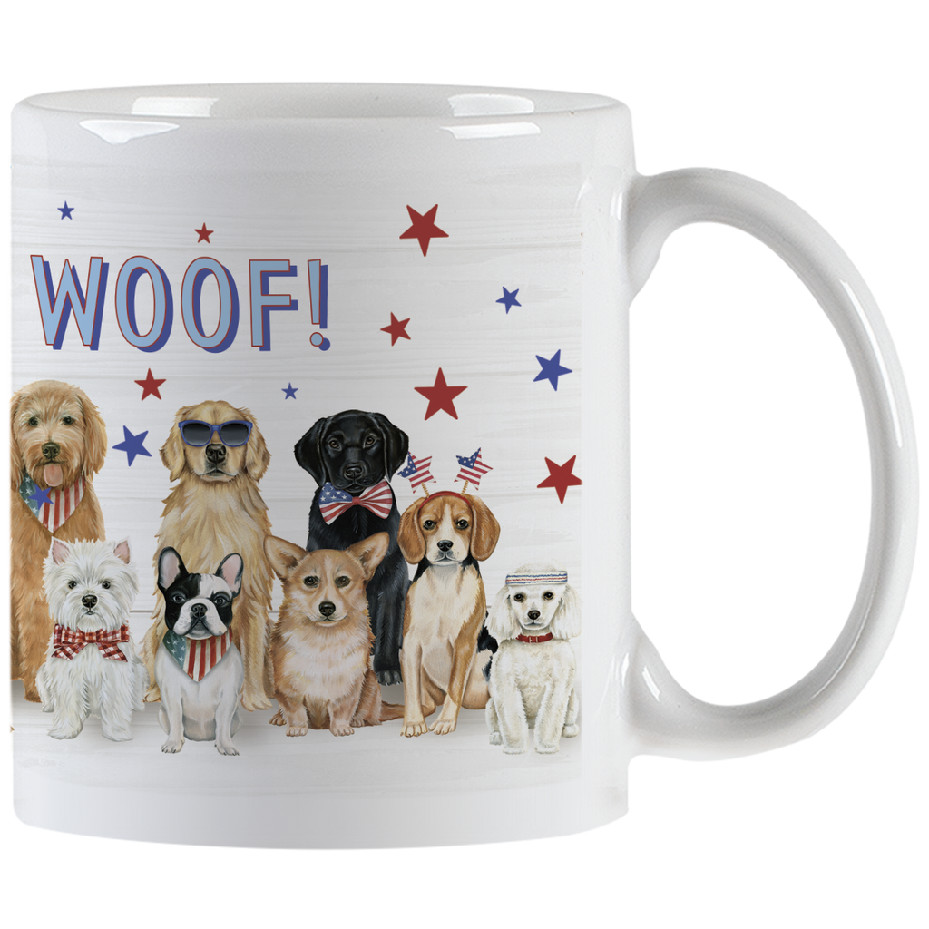 White ceramic mug featuring a joyful illustration of various dog breeds, including Golden Retriever, French Bulldog, Corgi, and Westie, all wearing patriotic American flag accessories like bandanas, bow ties, and headbands, with red and blue stars scattered on a white woodgrain background and part of 'WOOF!' visible. Perfect patriotic dog lover gift.