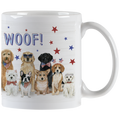 White ceramic mug featuring a joyful illustration of various dog breeds, including Golden Retriever, French Bulldog, Corgi, and Westie, all wearing patriotic American flag accessories like bandanas, bow ties, and headbands, with red and blue stars scattered on a white woodgrain background and part of 'WOOF!' visible. Perfect patriotic dog lover gift.