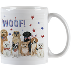 White ceramic mug featuring a joyful illustration of various dog breeds, including Golden Retriever, French Bulldog, Corgi, and Westie, all wearing patriotic American flag accessories like bandanas, bow ties, and headbands, with red and blue stars scattered on a white woodgrain background and part of 'WOOF!' visible. Perfect patriotic dog lover gift.