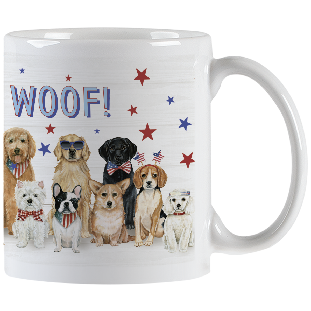 White ceramic mug featuring a joyful illustration of various dog breeds, including Golden Retriever, French Bulldog, Corgi, and Westie, all wearing patriotic American flag accessories like bandanas, bow ties, and headbands, with red and blue stars scattered on a white woodgrain background and part of 'WOOF!' visible. Perfect patriotic dog lover gift.