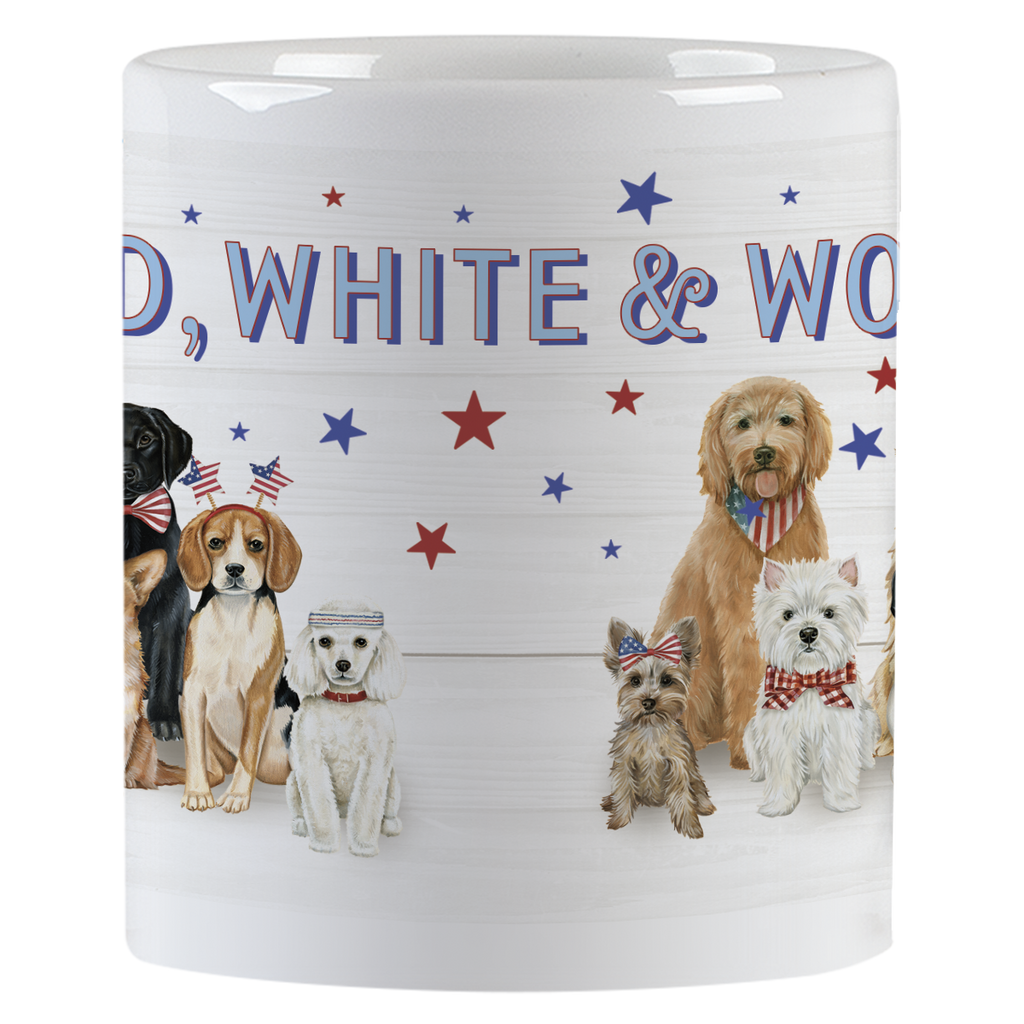 Side view of a patriotic dog-themed ceramic mug showing a variety of cartoon dogs, such as a Beagle, Poodle, and Yorkshire Terrier, adorned with American flag patterns on a rustic white background with red and blue stars, revealing 'RED, WHITE & WO' text. Ideal for coffee, tea, or any hot beverage.