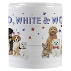 Side view of a patriotic dog-themed ceramic mug showing a variety of cartoon dogs, such as a Beagle, Poodle, and Yorkshire Terrier, adorned with American flag patterns on a rustic white background with red and blue stars, revealing 'RED, WHITE & WO' text. Ideal for coffee, tea, or any hot beverage.