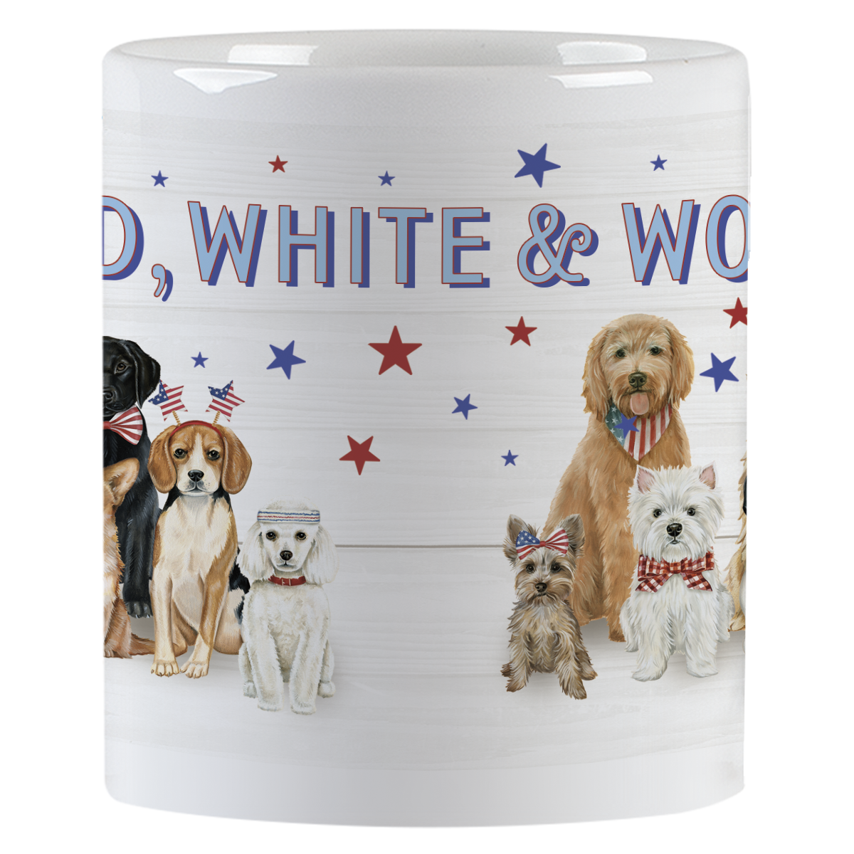 Side view of a patriotic dog-themed ceramic mug showing a variety of cartoon dogs, such as a Beagle, Poodle, and Yorkshire Terrier, adorned with American flag patterns on a rustic white background with red and blue stars, revealing 'RED, WHITE & WO' text. Ideal for coffee, tea, or any hot beverage.