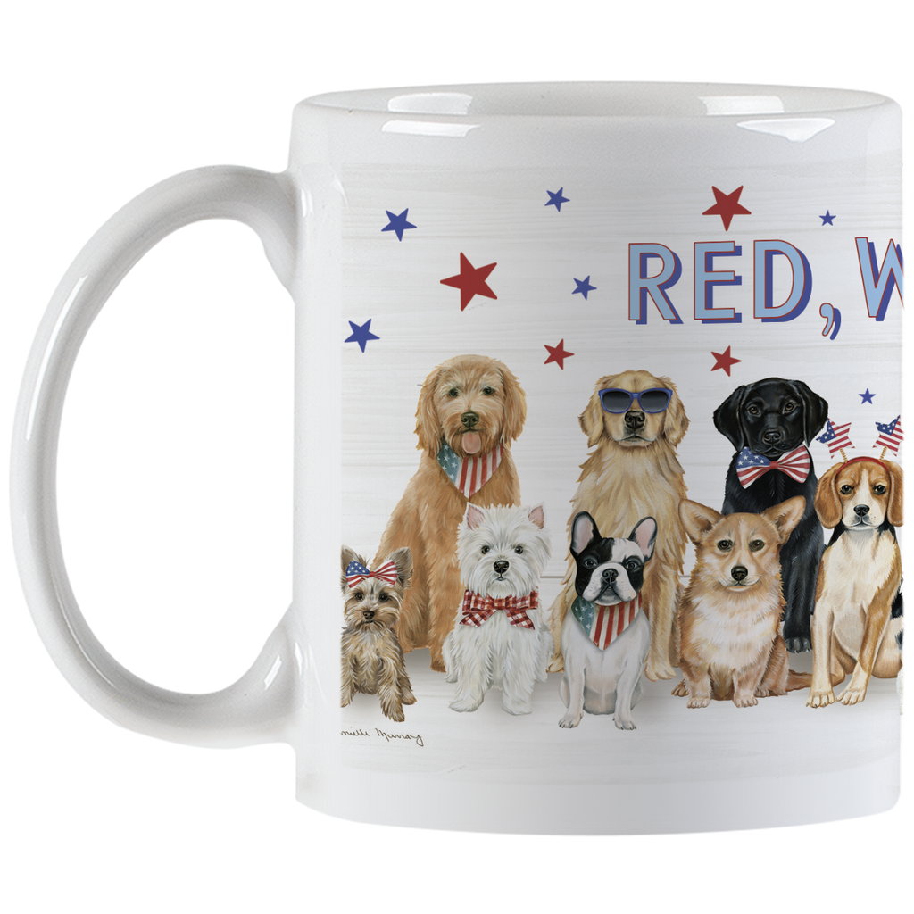 Ceramic coffee mug with a white handle, displaying a charming illustration of diverse dog breeds in patriotic attire, including a Labrador, Golden Retriever, and a small terrier, against a white wood-panel background with red and blue stars. The text 'RED, W' is visible, showcasing a fun USA-themed pet design.