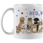 Ceramic coffee mug with a white handle, displaying a charming illustration of diverse dog breeds in patriotic attire, including a Labrador, Golden Retriever, and a small terrier, against a white wood-panel background with red and blue stars. The text 'RED, W' is visible, showcasing a fun USA-themed pet design.