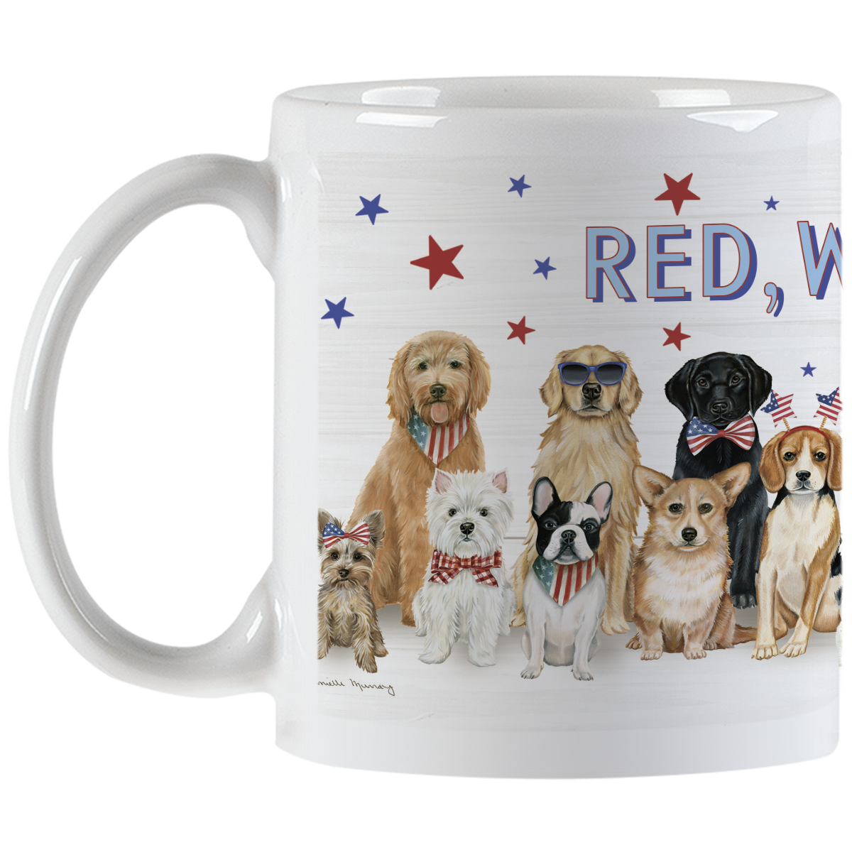 Ceramic coffee mug with a white handle, displaying a charming illustration of diverse dog breeds in patriotic attire, including a Labrador, Golden Retriever, and a small terrier, against a white wood-panel background with red and blue stars. The text 'RED, W' is visible, showcasing a fun USA-themed pet design.