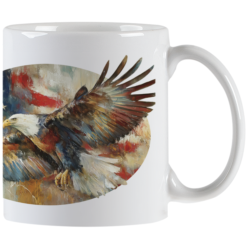 White ceramic coffee mug with a vibrant painting of a bald eagle in flight against a distressed American flag background.