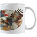 White ceramic coffee mug with a vibrant painting of a bald eagle in flight against a distressed American flag background.
