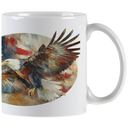 White ceramic coffee mug with a vibrant painting of a bald eagle in flight against a distressed American flag background.