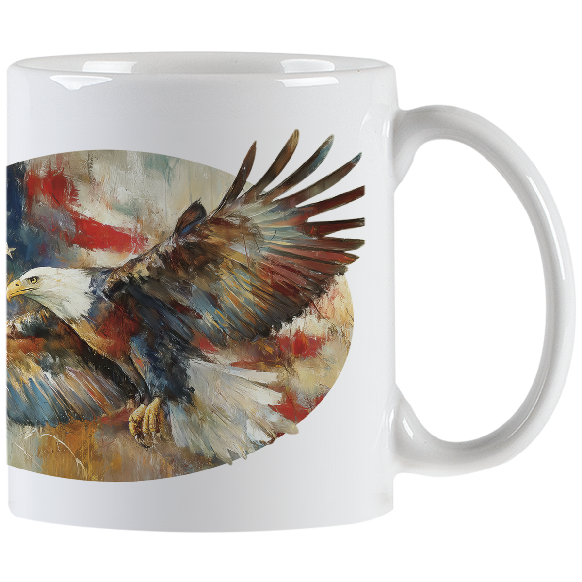 White ceramic coffee mug with a vibrant painting of a bald eagle in flight against a distressed American flag background.