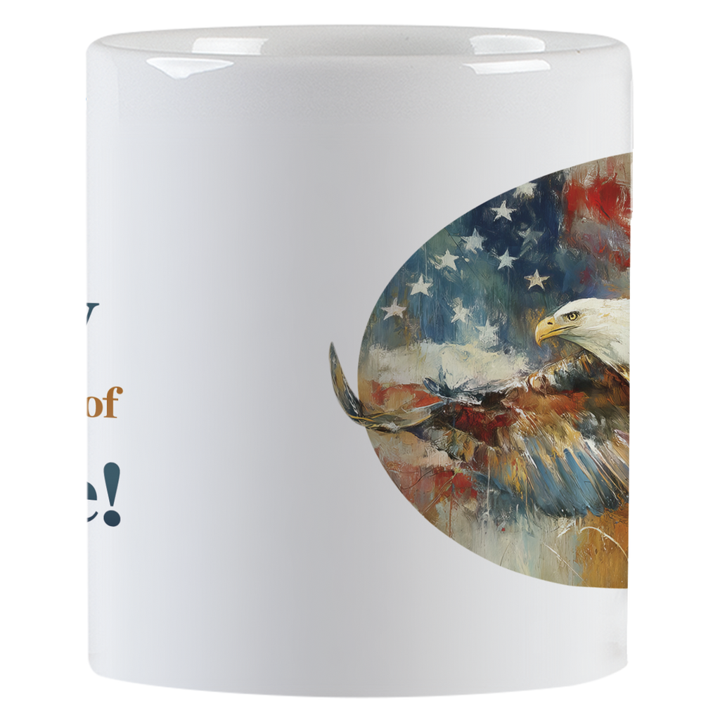Close-up view of the patriotic ceramic mug, showcasing the detailed artistic rendition of the flying eagle and American flag colors.