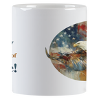 Close-up view of the patriotic ceramic mug, showcasing the detailed artistic rendition of the flying eagle and American flag colors.
