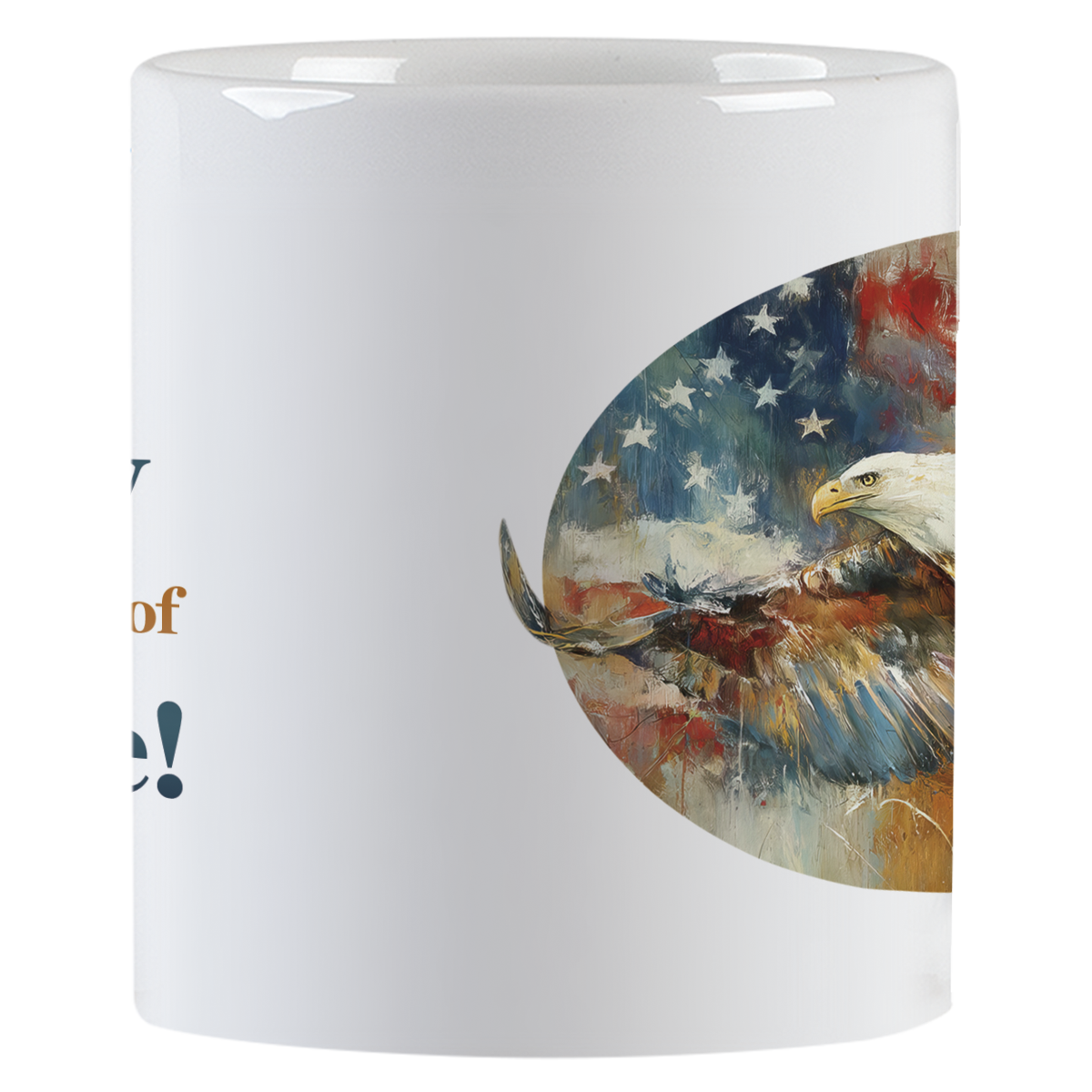 Close-up view of the patriotic ceramic mug, showcasing the detailed artistic rendition of the flying eagle and American flag colors.