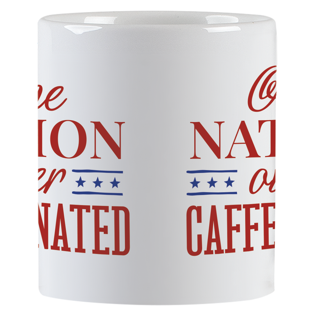 Full wrap-around view of 'One NATION over CAFFEINATED' funny ceramic coffee mug, ideal for daily caffeine fixes and witty remarks at home or office.