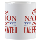 Full wrap-around view of 'One NATION over CAFFEINATED' funny ceramic coffee mug, ideal for daily caffeine fixes and witty remarks at home or office.
