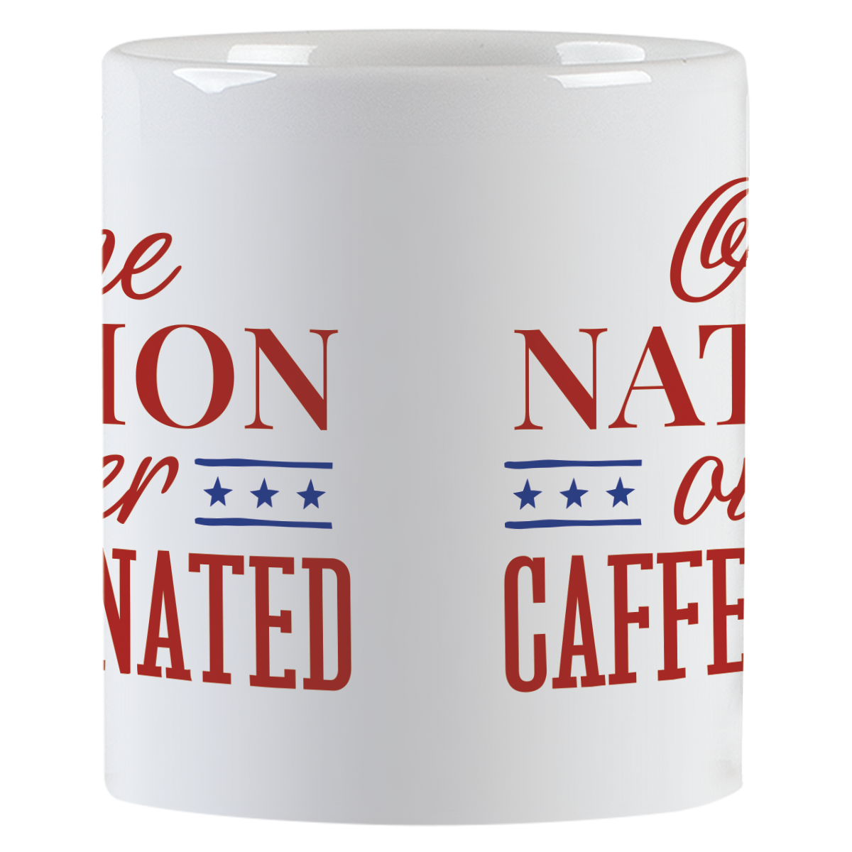 Full wrap-around view of 'One NATION over CAFFEINATED' funny ceramic coffee mug, ideal for daily caffeine fixes and witty remarks at home or office.