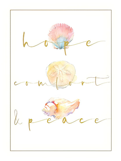 Front of a sympathy card with watercolor seashells and gold script text "hope comfort & peace" framed in gold.