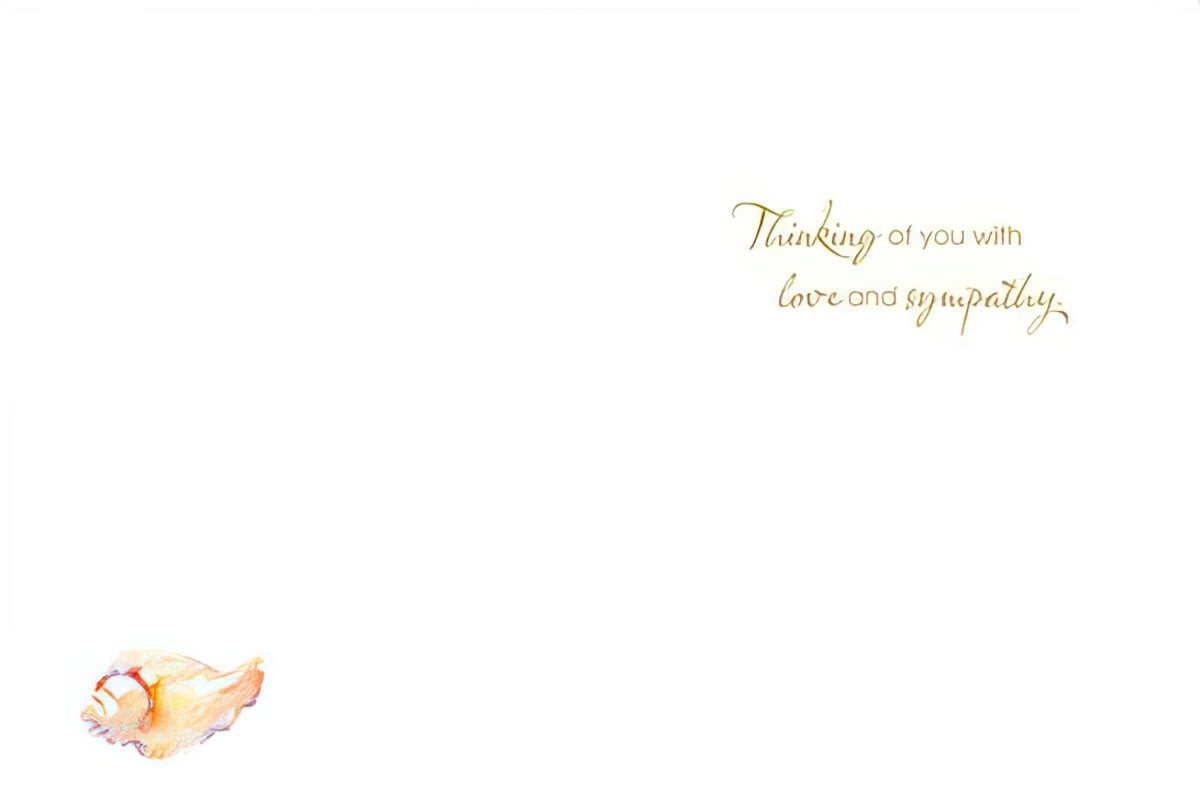 Inside of a sympathy card with gold script text "Thinking of you with love and sympathy" and a small watercolor seashell.
