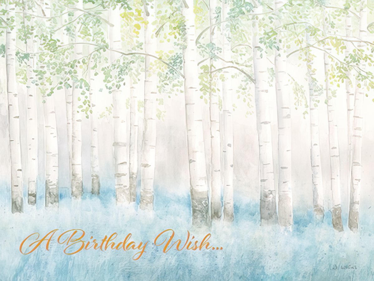 Watercolor birch trees greeting card front, featuring soft green leaves and a blue base with 'A Birthday Wish...' text, perfect for serene heartfelt wishes.