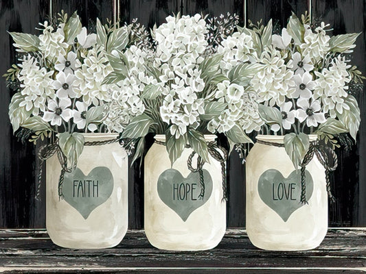 Wedding congratulations card front with three mason jars holding white flowers, labeled Faith, Hope, and Love against a dark wood background.