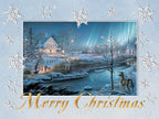 Front of a picturesque holiday greeting card featuring a snow-covered village, illuminated house, bridge over a winding river, deer, and pine trees under an aurora borealis sky, with 'Merry Christmas' in gold script.
