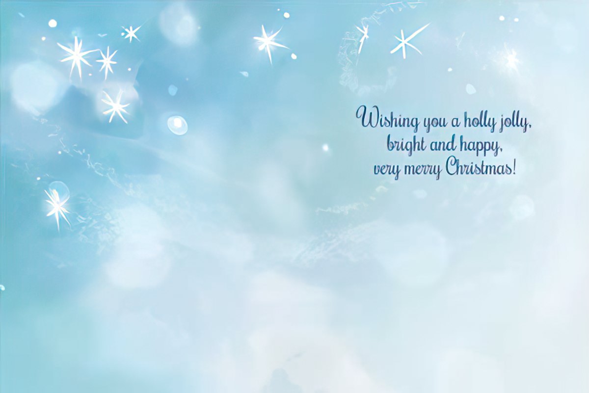 Inside of Christmas card: 'Wishing you a holly jolly, bright and happy, very merry Christmas!' text on a soft blue bokeh background.