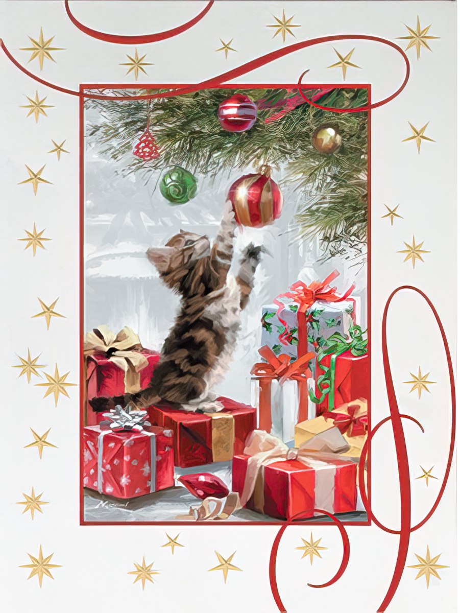 Kitten Playing with Ornament Embossed Christmas Card