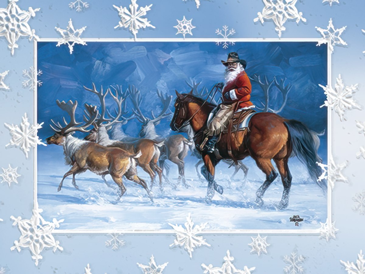 Cowboy Santa Herding Reindeer Embossed Christmas Card