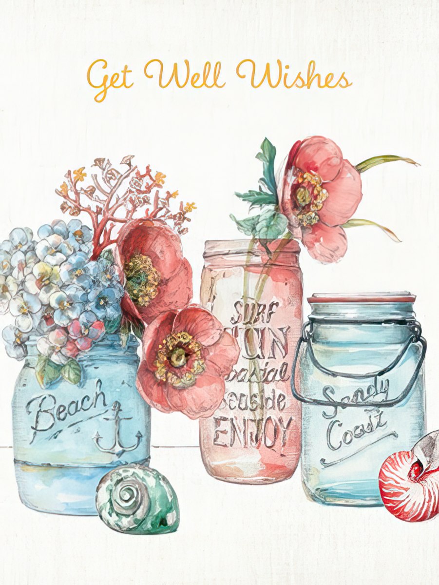 Blue and Pink Mason Jars with Flowers Get Well Card