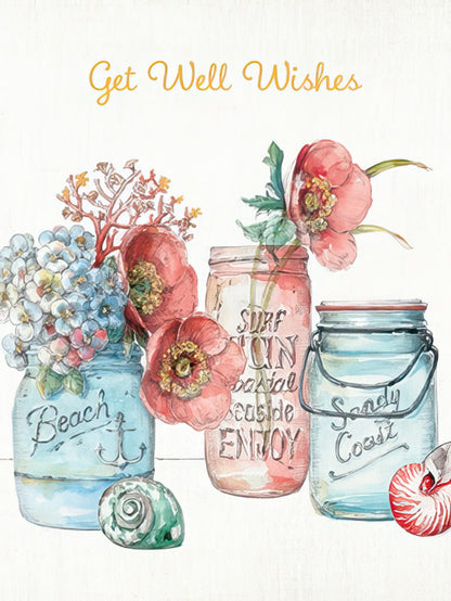 Blue and Pink Mason Jars with Flowers Get Well Card