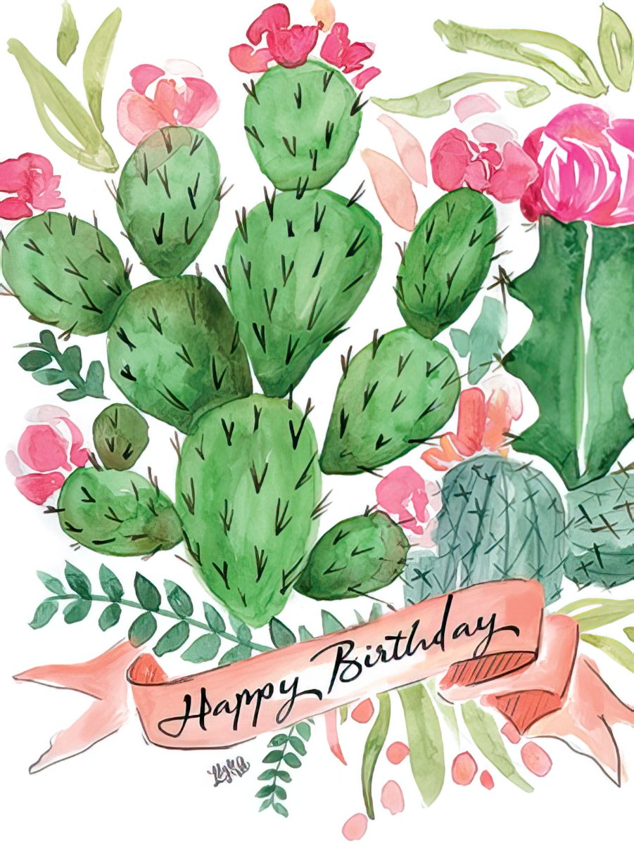 Cactus with Pink Flowers Birthday Card