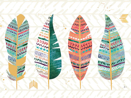 Vibrant Southwest-inspired greeting card featuring four intricately patterned feathers in teal, coral, and gold.