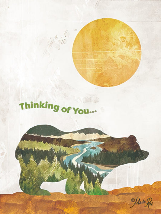 Front of 'Thinking of You' friendship card featuring a bear silhouette filled with a lush forest, river, and mountains under a golden sun.