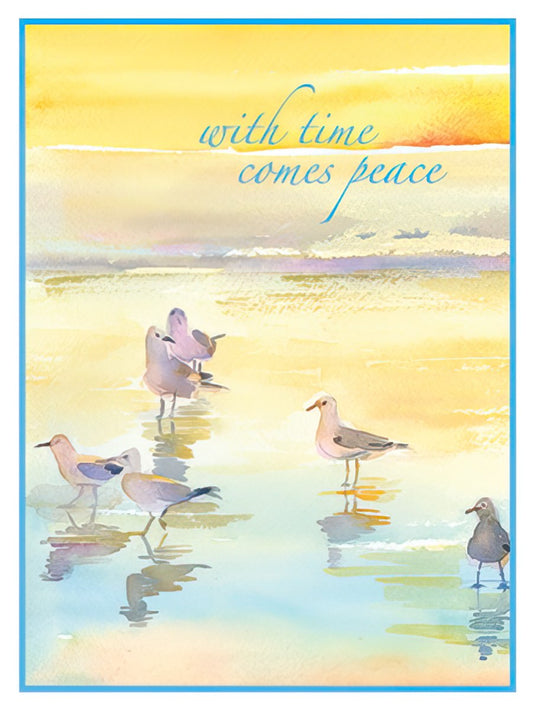 Watercolor sympathy card front with sandpipers on a beach at sunset and the message 'with time comes peace' in blue script.