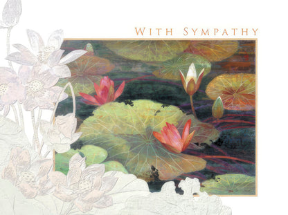 Sympathy card with 'WITH SYMPATHY' text, featuring a watercolor painting of pink and white lotus flowers and lily pads on dark water.