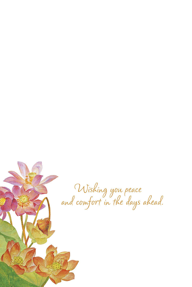 Inside of a peaceful sympathy card displaying 'Wishing you peace and comfort in the days ahead.' message with subtle floral illustrations.