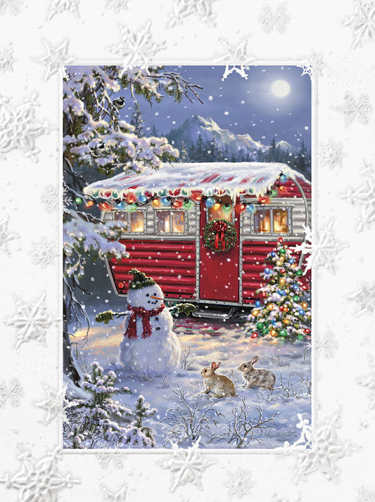 Festive Christmas greeting card featuring a decorated red camper, snowman, and rabbits in a snowy forest with string lights.
