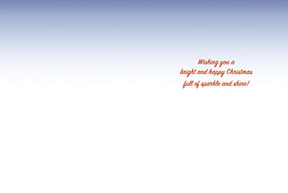 Inside of a Christmas greeting card with a simple holiday message: 'Wishing you a bright and happy Christmas full of sparkle and shine!'