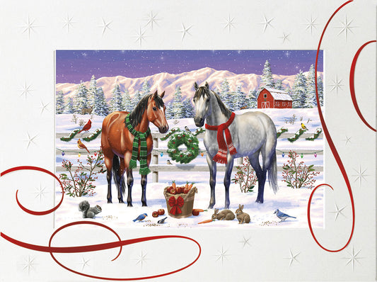 Horses on Snowy Farm Embossed Christmas Card