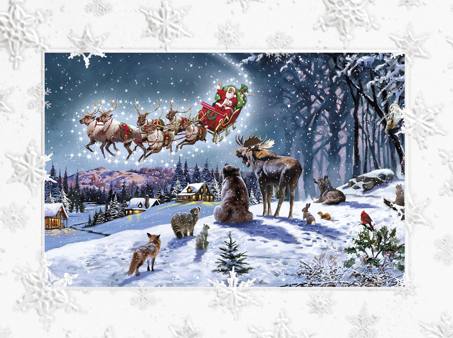 Wildlife Watching Santa's Sleigh Embossed Christmas Card