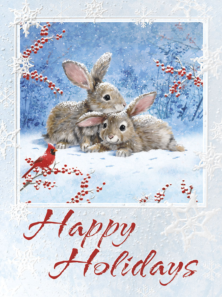 Happy Holidays Baby Rabbits in Snow Embossed Christmas Card