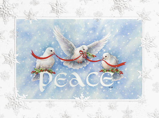 Peace Doves Holding Ribbon Embossed Christmas Card