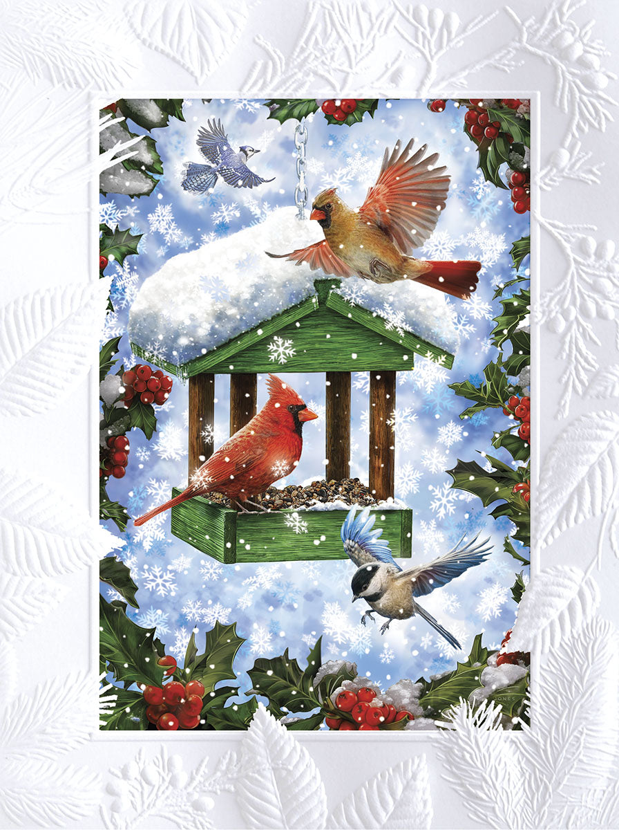 Cardinals on Snowy Bird Feeder Embossed Christmas Card