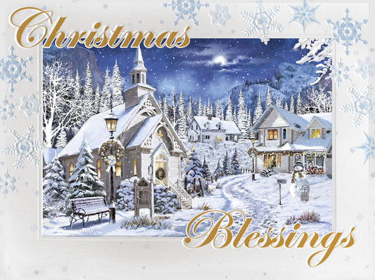 Christmas Blessings Church Village Embossed Christmas Card